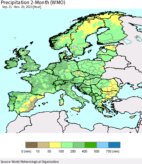 Europe Precipitation 2-Month (WMO) Thematic Map For 9/21/2023 - 11/20/2023
