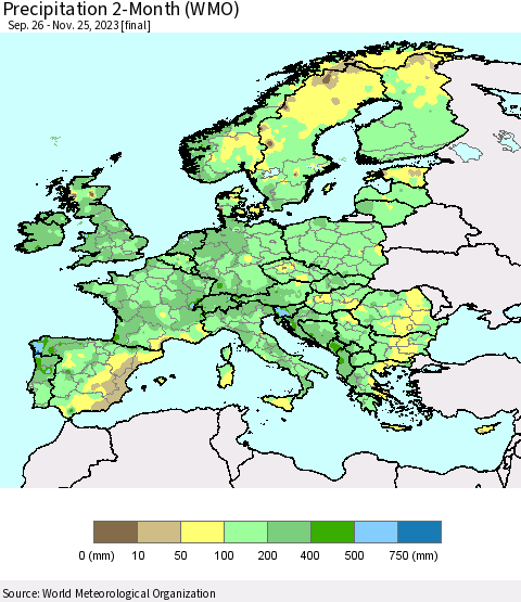 Europe Precipitation 2-Month (WMO) Thematic Map For 9/26/2023 - 11/25/2023