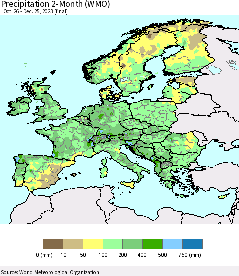 Europe Precipitation 2-Month (WMO) Thematic Map For 10/26/2023 - 12/25/2023