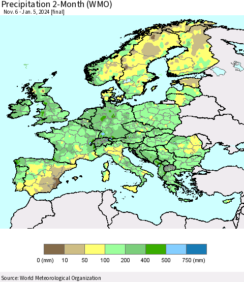 Europe Precipitation 2-Month (WMO) Thematic Map For 11/6/2023 - 1/5/2024