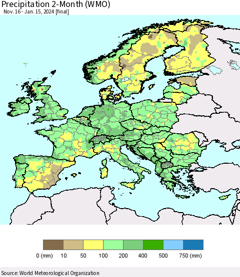 Europe Precipitation 2-Month (WMO) Thematic Map For 11/16/2023 - 1/15/2024