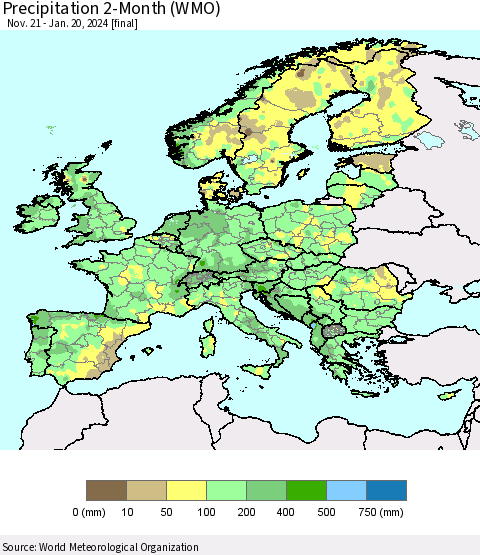 Europe Precipitation 2-Month (WMO) Thematic Map For 11/21/2023 - 1/20/2024