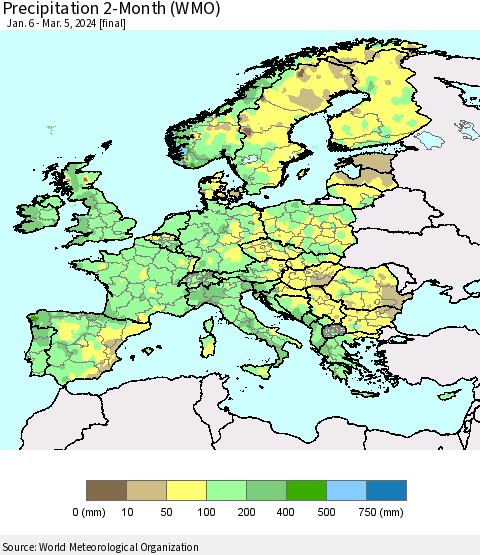 Europe Precipitation 2-Month (WMO) Thematic Map For 1/6/2024 - 3/5/2024
