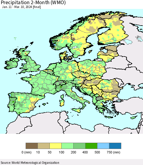 Europe Precipitation 2-Month (WMO) Thematic Map For 1/11/2024 - 3/10/2024