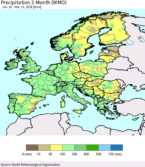 Europe Precipitation 2-Month (WMO) Thematic Map For 1/16/2024 - 3/15/2024