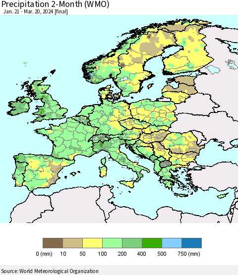 Europe Precipitation 2-Month (WMO) Thematic Map For 1/21/2024 - 3/20/2024