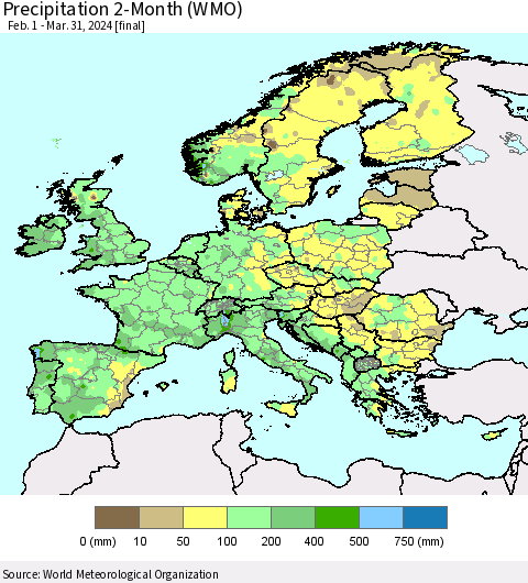 Europe Precipitation 2-Month (WMO) Thematic Map For 2/1/2024 - 3/31/2024