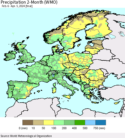 Europe Precipitation 2-Month (WMO) Thematic Map For 2/6/2024 - 4/5/2024