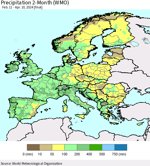Europe Precipitation 2-Month (WMO) Thematic Map For 2/11/2024 - 4/10/2024