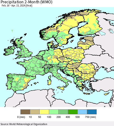Europe Precipitation 2-Month (WMO) Thematic Map For 2/16/2024 - 4/15/2024