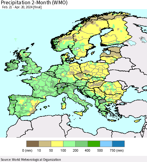 Europe Precipitation 2-Month (WMO) Thematic Map For 2/21/2024 - 4/20/2024