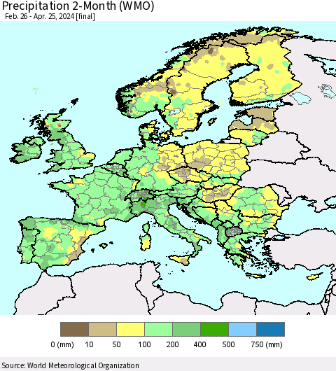 Europe Precipitation 2-Month (WMO) Thematic Map For 2/26/2024 - 4/25/2024