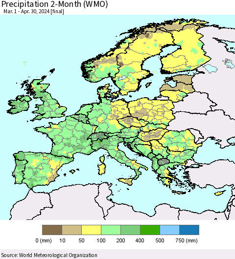 Europe Precipitation 2-Month (WMO) Thematic Map For 3/1/2024 - 4/30/2024