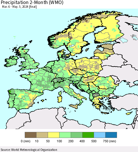 Europe Precipitation 2-Month (WMO) Thematic Map For 3/6/2024 - 5/5/2024
