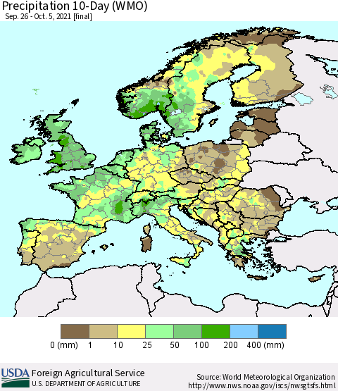 Europe Precipitation 10-Day (WMO) Thematic Map For 9/26/2021 - 10/5/2021