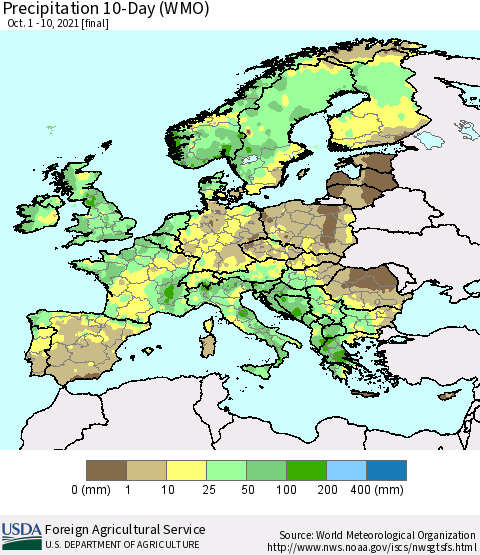 Europe Precipitation 10-Day (WMO) Thematic Map For 10/1/2021 - 10/10/2021