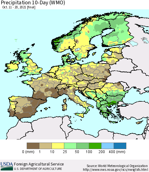 Europe Precipitation 10-Day (WMO) Thematic Map For 10/11/2021 - 10/20/2021
