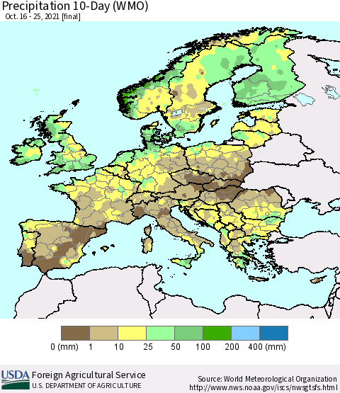 Europe Precipitation 10-Day (WMO) Thematic Map For 10/16/2021 - 10/25/2021