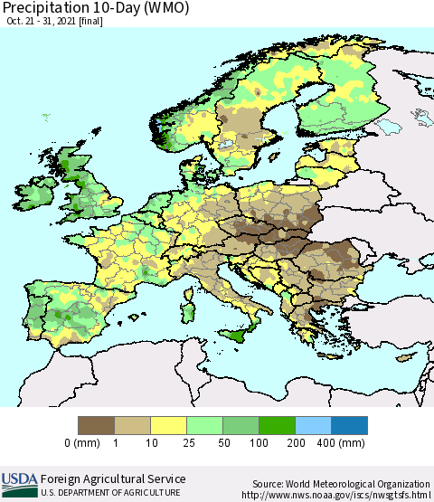 Europe Precipitation 10-Day (WMO) Thematic Map For 10/21/2021 - 10/31/2021