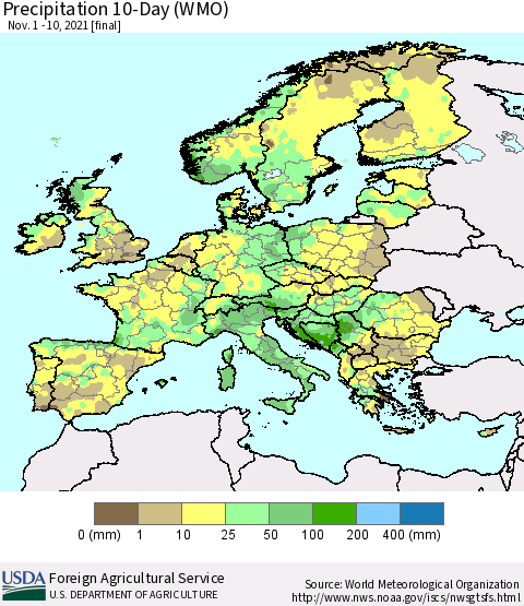 Europe Precipitation 10-Day (WMO) Thematic Map For 11/1/2021 - 11/10/2021