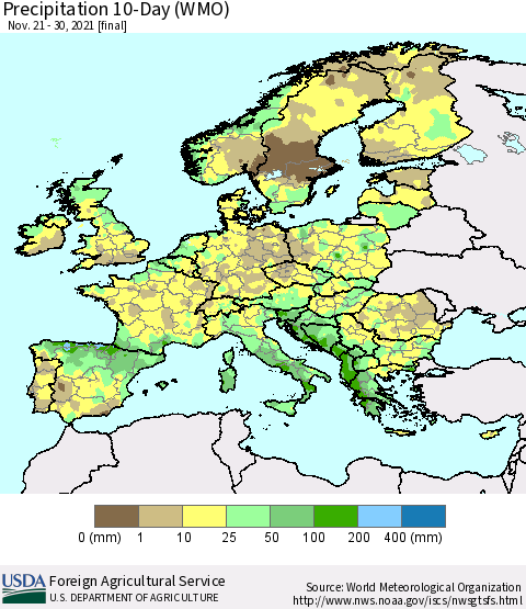 Europe Precipitation 10-Day (WMO) Thematic Map For 11/21/2021 - 11/30/2021