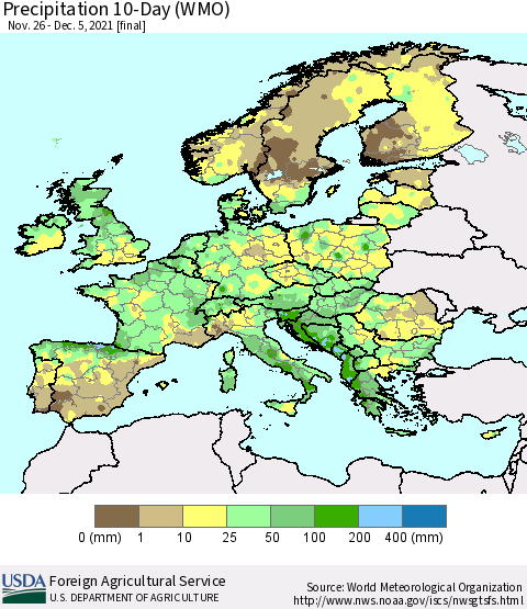 Europe Precipitation 10-Day (WMO) Thematic Map For 11/26/2021 - 12/5/2021