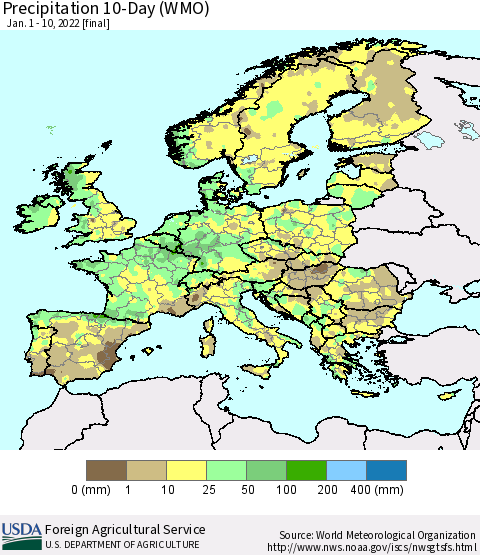 Europe Precipitation 10-Day (WMO) Thematic Map For 1/1/2022 - 1/10/2022