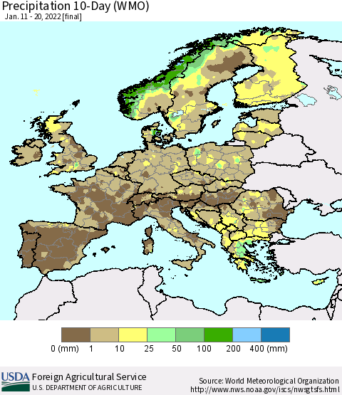 Europe Precipitation 10-Day (WMO) Thematic Map For 1/11/2022 - 1/20/2022