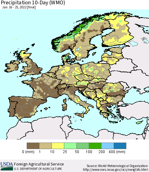 Europe Precipitation 10-Day (WMO) Thematic Map For 1/16/2022 - 1/25/2022