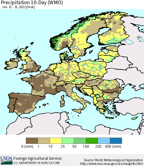 Europe Precipitation 10-Day (WMO) Thematic Map For 1/21/2022 - 1/31/2022