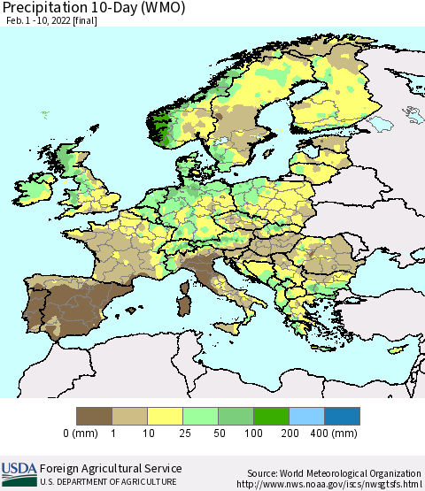 Europe Precipitation 10-Day (WMO) Thematic Map For 2/1/2022 - 2/10/2022