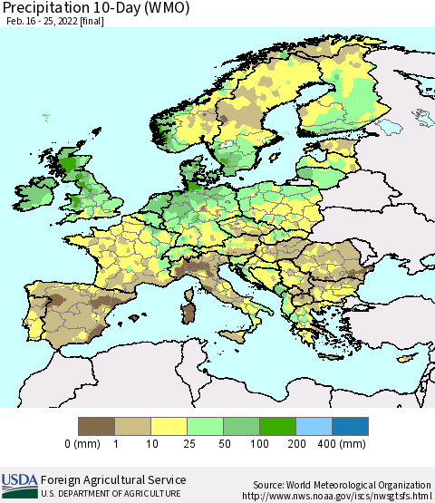 Europe Precipitation 10-Day (WMO) Thematic Map For 2/16/2022 - 2/25/2022