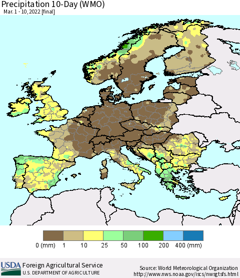 Europe Precipitation 10-Day (WMO) Thematic Map For 3/1/2022 - 3/10/2022