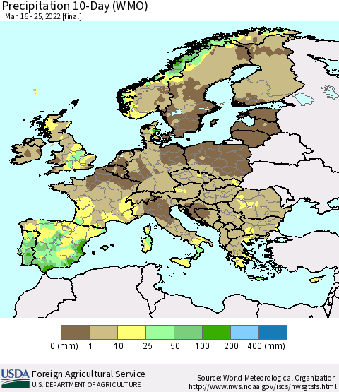 Europe Precipitation 10-Day (WMO) Thematic Map For 3/16/2022 - 3/25/2022