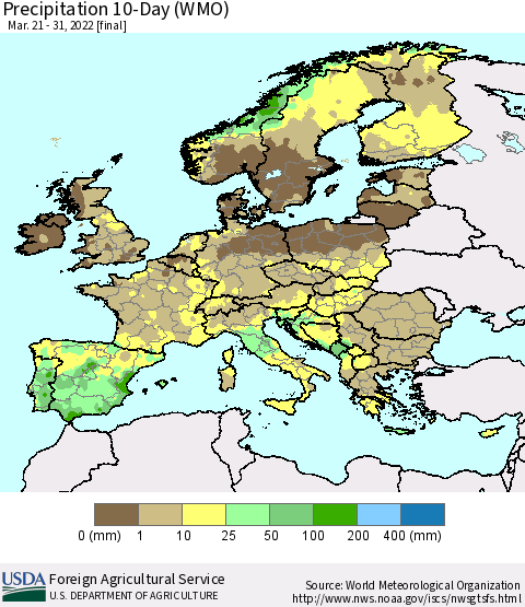 Europe Precipitation 10-Day (WMO) Thematic Map For 3/21/2022 - 3/31/2022
