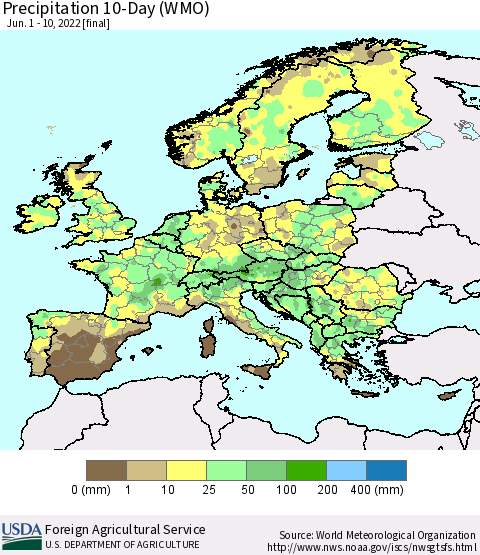 Europe Precipitation 10-Day (WMO) Thematic Map For 6/1/2022 - 6/10/2022
