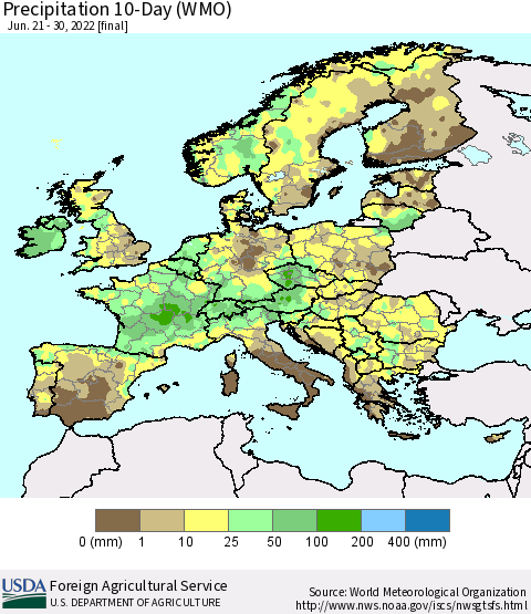 Europe Precipitation 10-Day (WMO) Thematic Map For 6/21/2022 - 6/30/2022