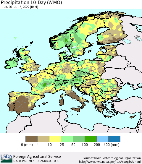 Europe Precipitation 10-Day (WMO) Thematic Map For 6/26/2022 - 7/5/2022