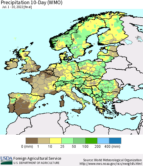 Europe Precipitation 10-Day (WMO) Thematic Map For 7/1/2022 - 7/10/2022