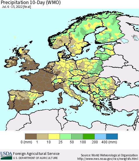 Europe Precipitation 10-Day (WMO) Thematic Map For 7/6/2022 - 7/15/2022