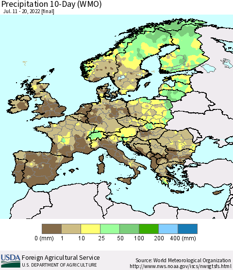 Europe Precipitation 10-Day (WMO) Thematic Map For 7/11/2022 - 7/20/2022