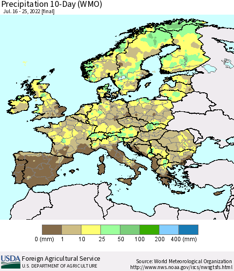 Europe Precipitation 10-Day (WMO) Thematic Map For 7/16/2022 - 7/25/2022
