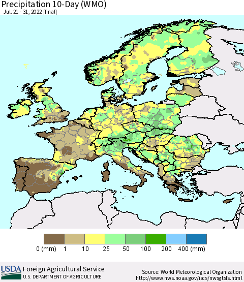 Europe Precipitation 10-Day (WMO) Thematic Map For 7/21/2022 - 7/31/2022