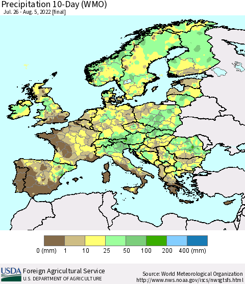 Europe Precipitation 10-Day (WMO) Thematic Map For 7/26/2022 - 8/5/2022