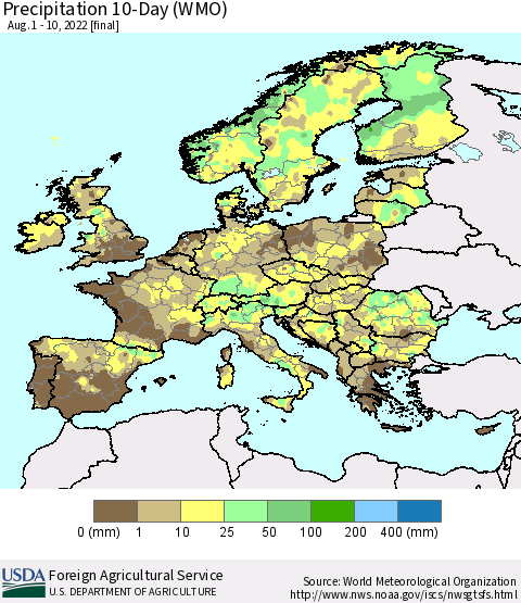 Europe Precipitation 10-Day (WMO) Thematic Map For 8/1/2022 - 8/10/2022
