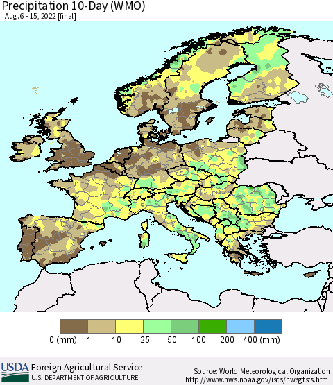 Europe Precipitation 10-Day (WMO) Thematic Map For 8/6/2022 - 8/15/2022