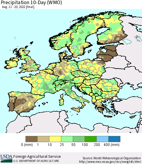 Europe Precipitation 10-Day (WMO) Thematic Map For 8/11/2022 - 8/20/2022