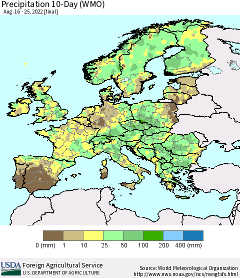 Europe Precipitation 10-Day (WMO) Thematic Map For 8/16/2022 - 8/25/2022