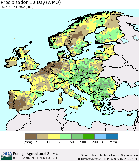 Europe Precipitation 10-Day (WMO) Thematic Map For 8/21/2022 - 8/31/2022