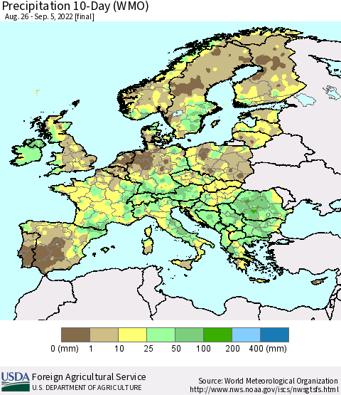 Europe Precipitation 10-Day (WMO) Thematic Map For 8/26/2022 - 9/5/2022